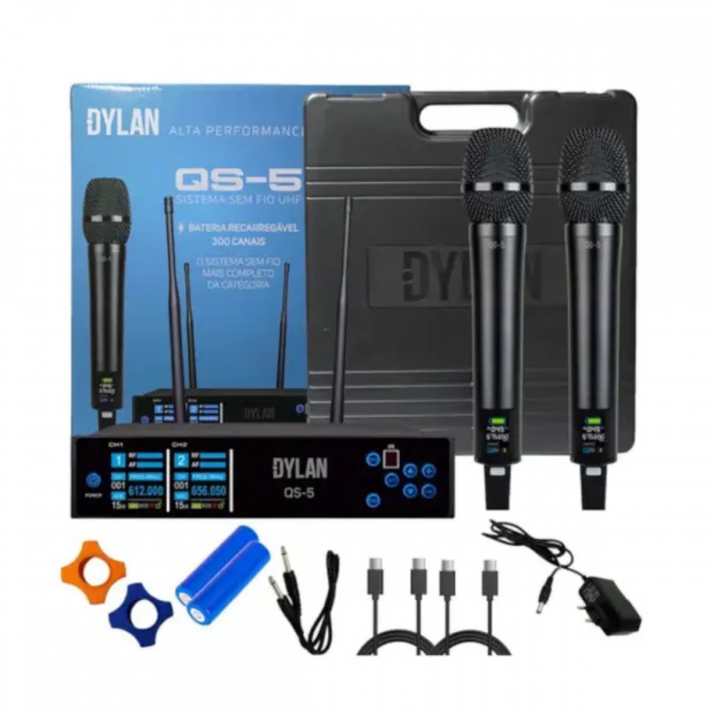 MICROFONE DYLAN SEM FIO UHF COM 200 CANAIS ACOMPANHA 2 BASTOES QS-5