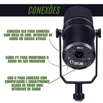 MICROFONE DYLAN DM-8 PODCAST CANTO XLR+USBC APP IOS+ANDROID